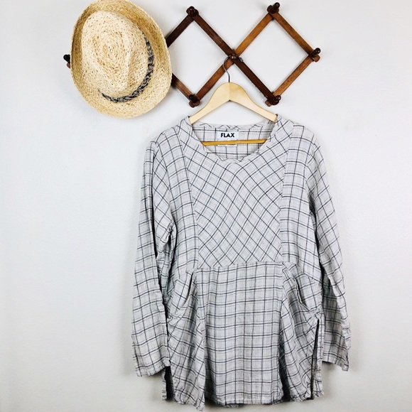 Flax Tops - Vintage Flax Plaid Linen Neutral Tunic Top